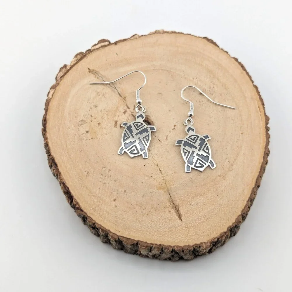 Handcrafted Navajo Turtle Overlay Dangle Earrings Native American Jewelry***‎